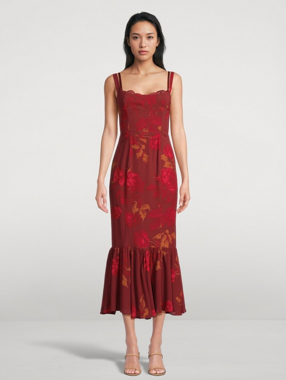 Reformation Burgundy Floral Scallop Midi Dress NWT